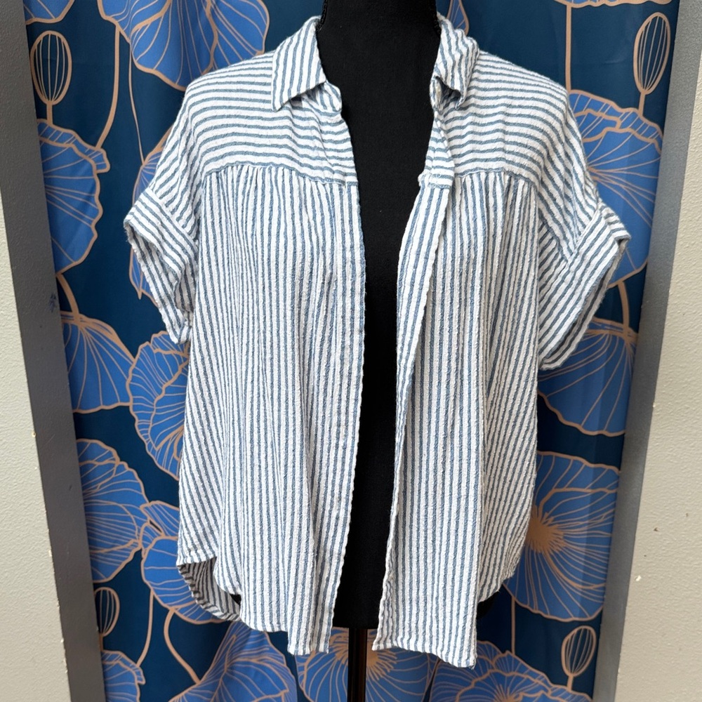 Jane and Delancey Blue and White Striped Short Sleeve Button Front Top